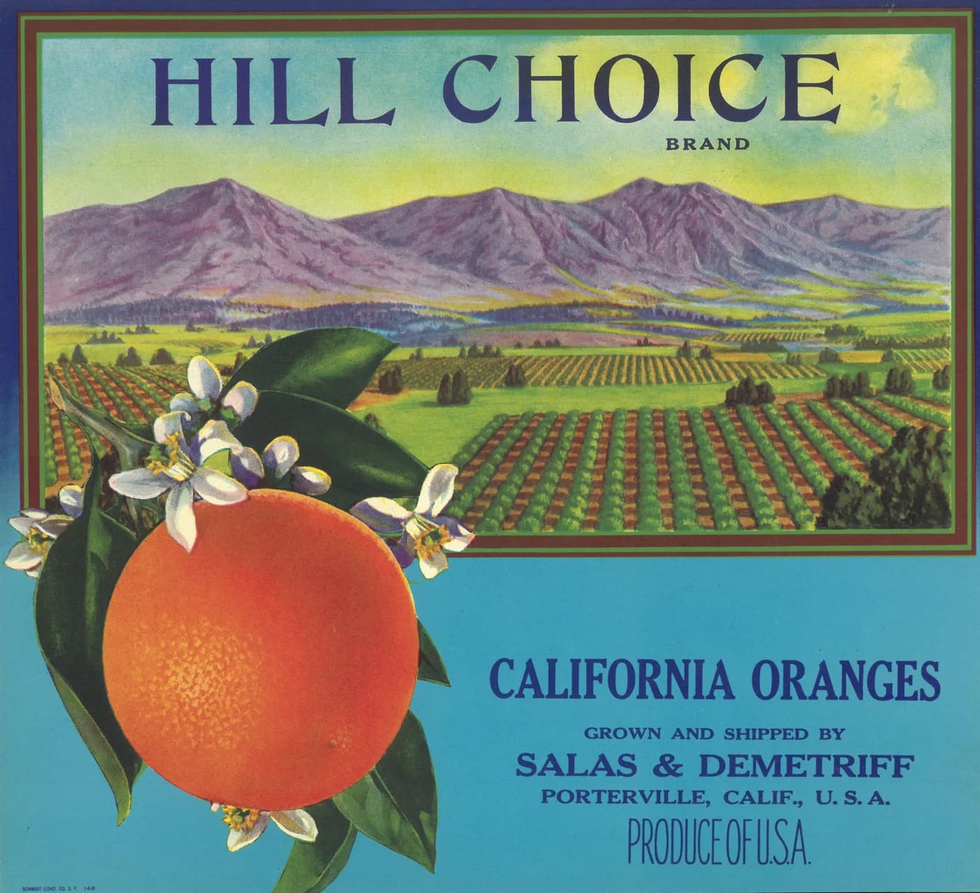 Hill Choice, citrus crate label, california oranges, Porterville, Calif., U.S.A., 1929