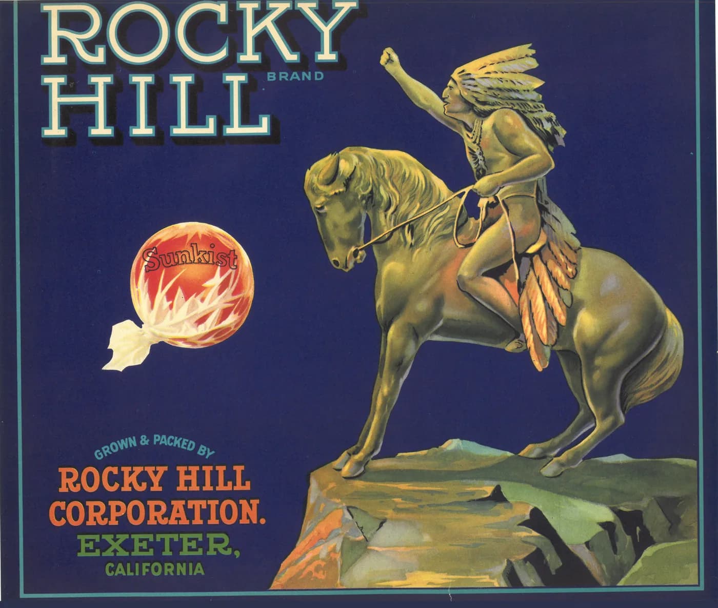 Rocky Hill, citrus crate label, sunkist, Exeter, California, 1920-1930