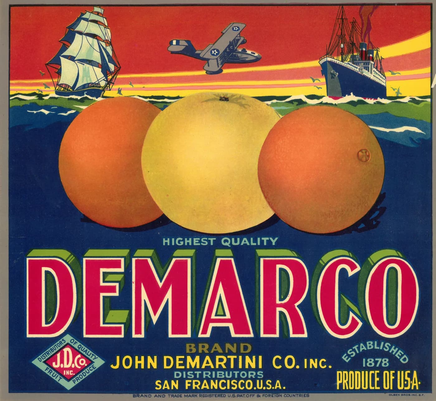DEMARCO, citrus crate label, citrus (unspecified), San Francisco, U.S.A., 1910-1920