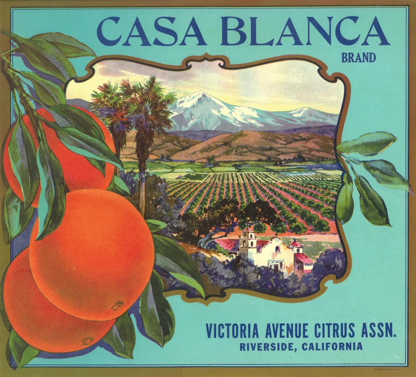 Casa Blanca, citrus crate label, oranges, Riverside, California, 1928