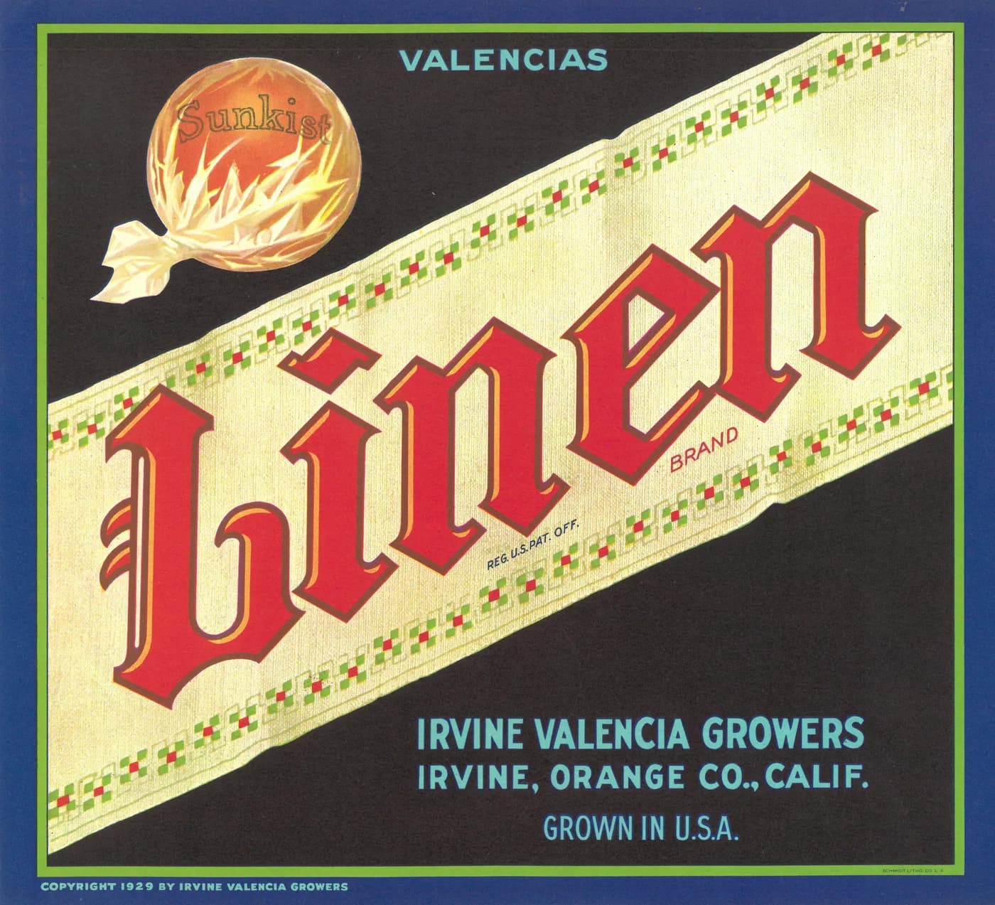 Linen, citrus crate label, valencias, Irvine, Orange Co., Calif., 1929