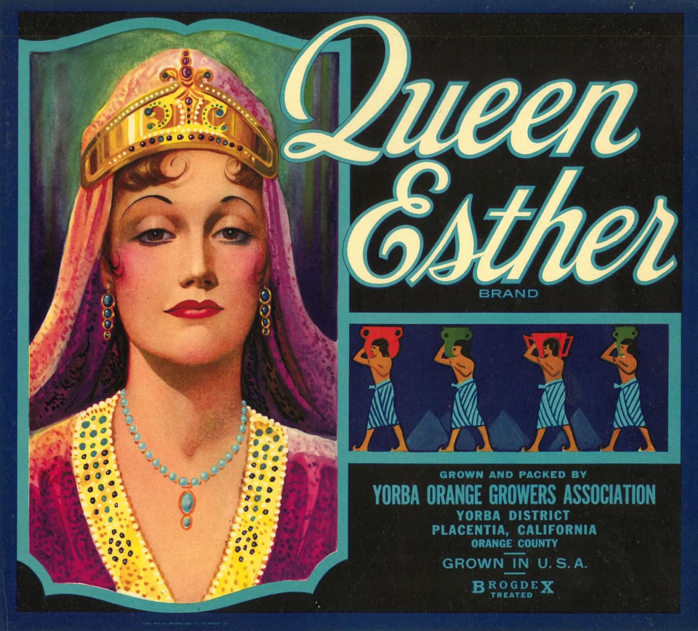 Queen Esther, citrus crate label, Yorba District, Placentia, California, Orange County, 1920-1930