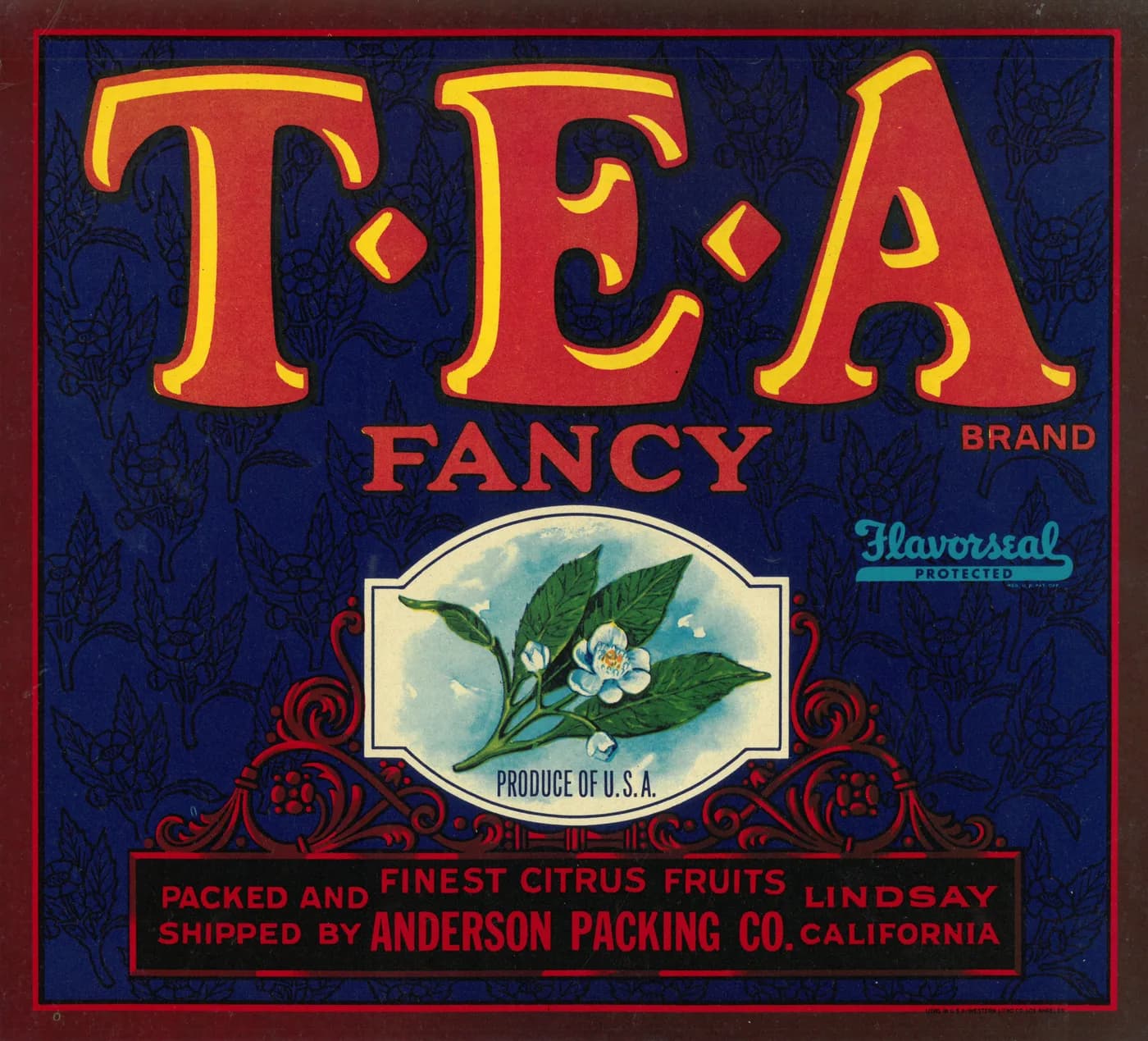 T.E.A, citrus crate label, fancy, Lindsay, California, 1945