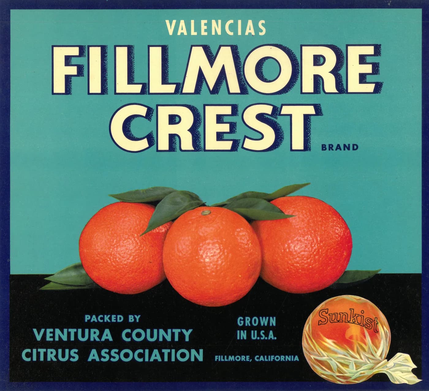 Fillmore Crest, citrus crate label, valencias, Fillmore, California, 1930-1940