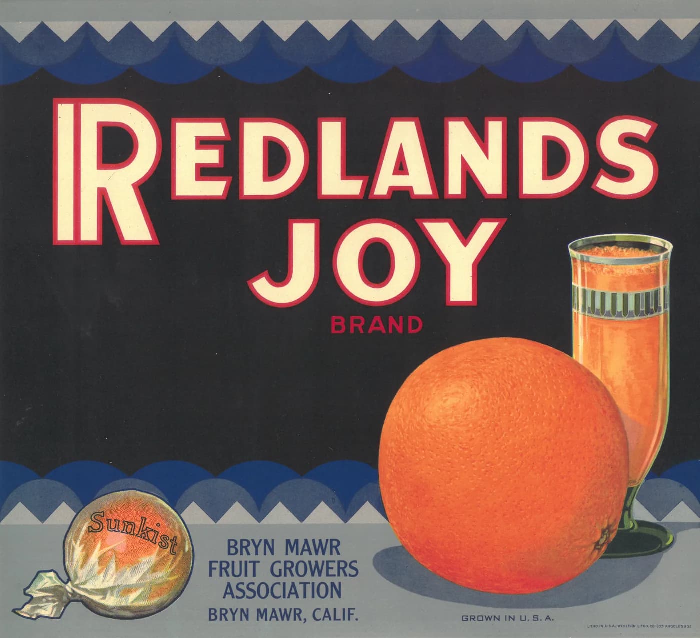 Redlands Joy, citrus crate label, orange, Bryn Mawr, Calif., 1890-1900