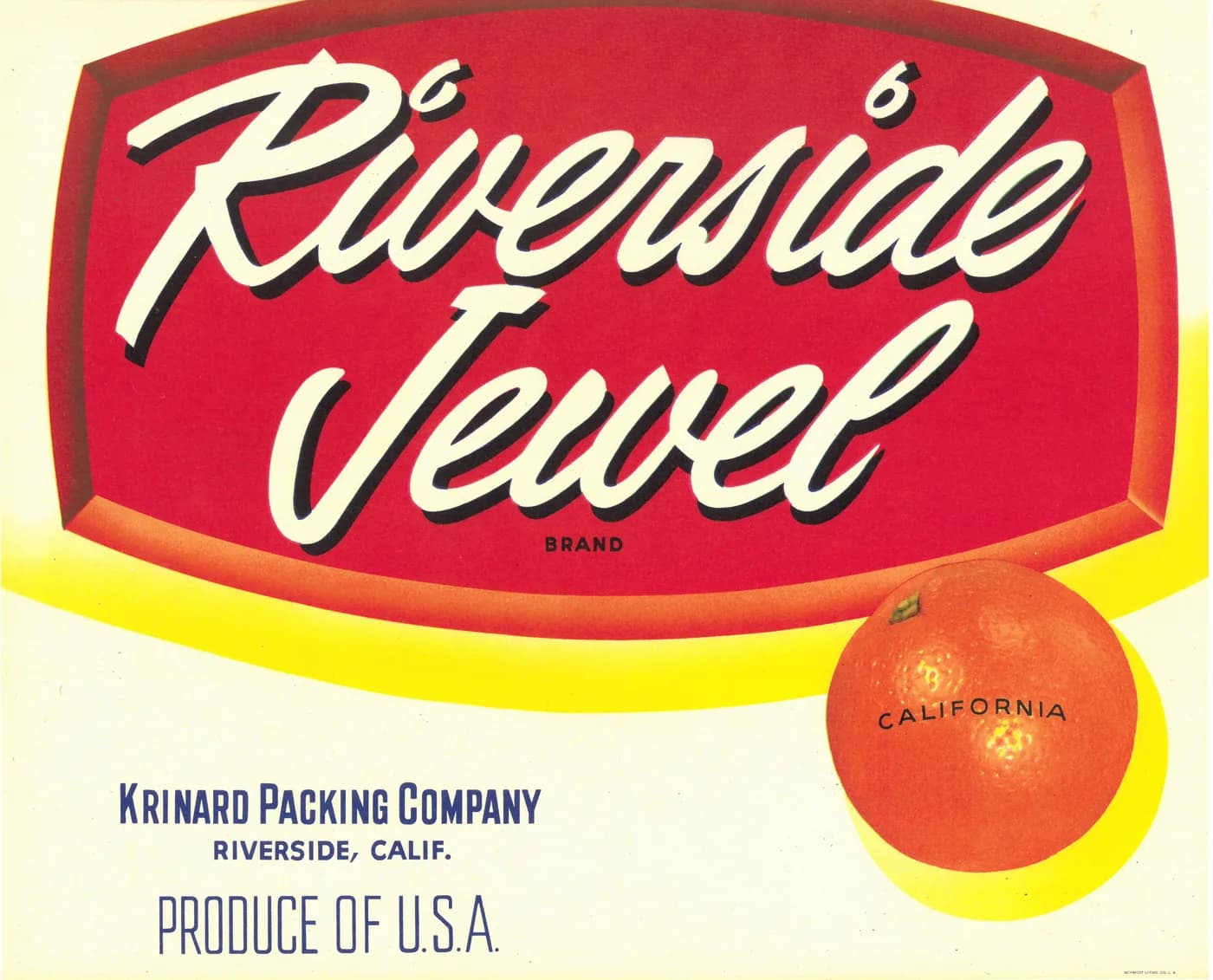 Riverside Jewel, citrus crate label, orange, Riverside, Calif., 1940-1950