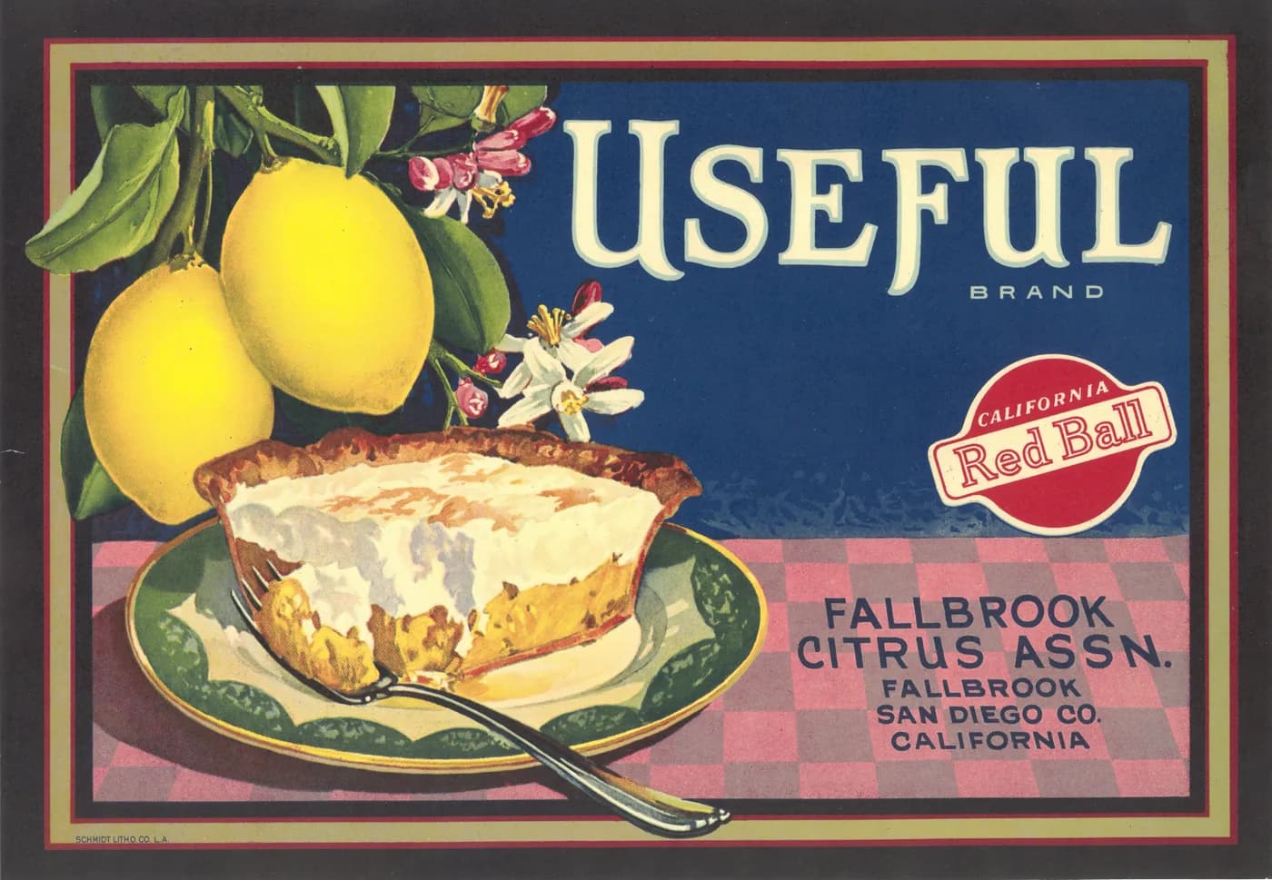 Useful, citrus crate label, lemon, Fallbrook, San Diego Co., California, 1900-1910