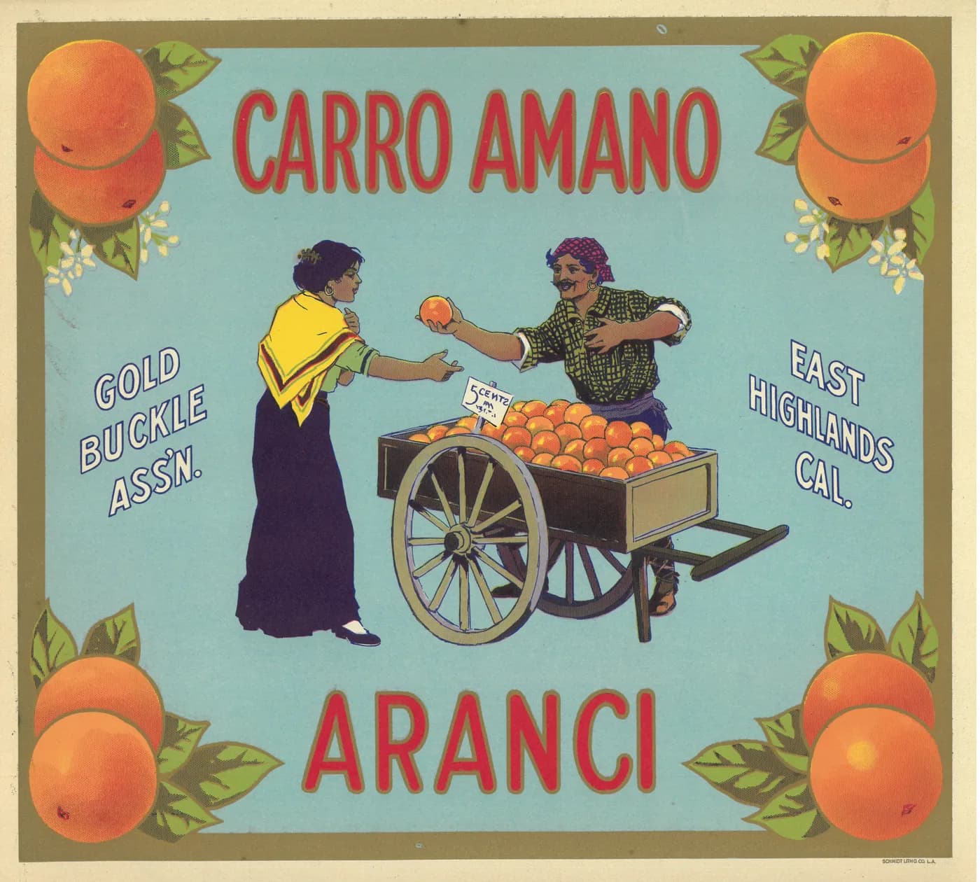 Carro Amano, citrus crate label, oranges, East Highlands, Cal., 1920-1930