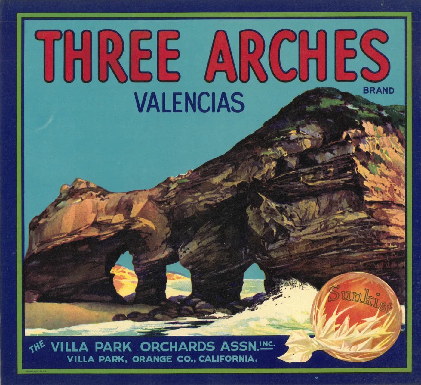 Three Arches, citrus crate label, valencias, Villa Park, Orange Co., California, 1930-1940