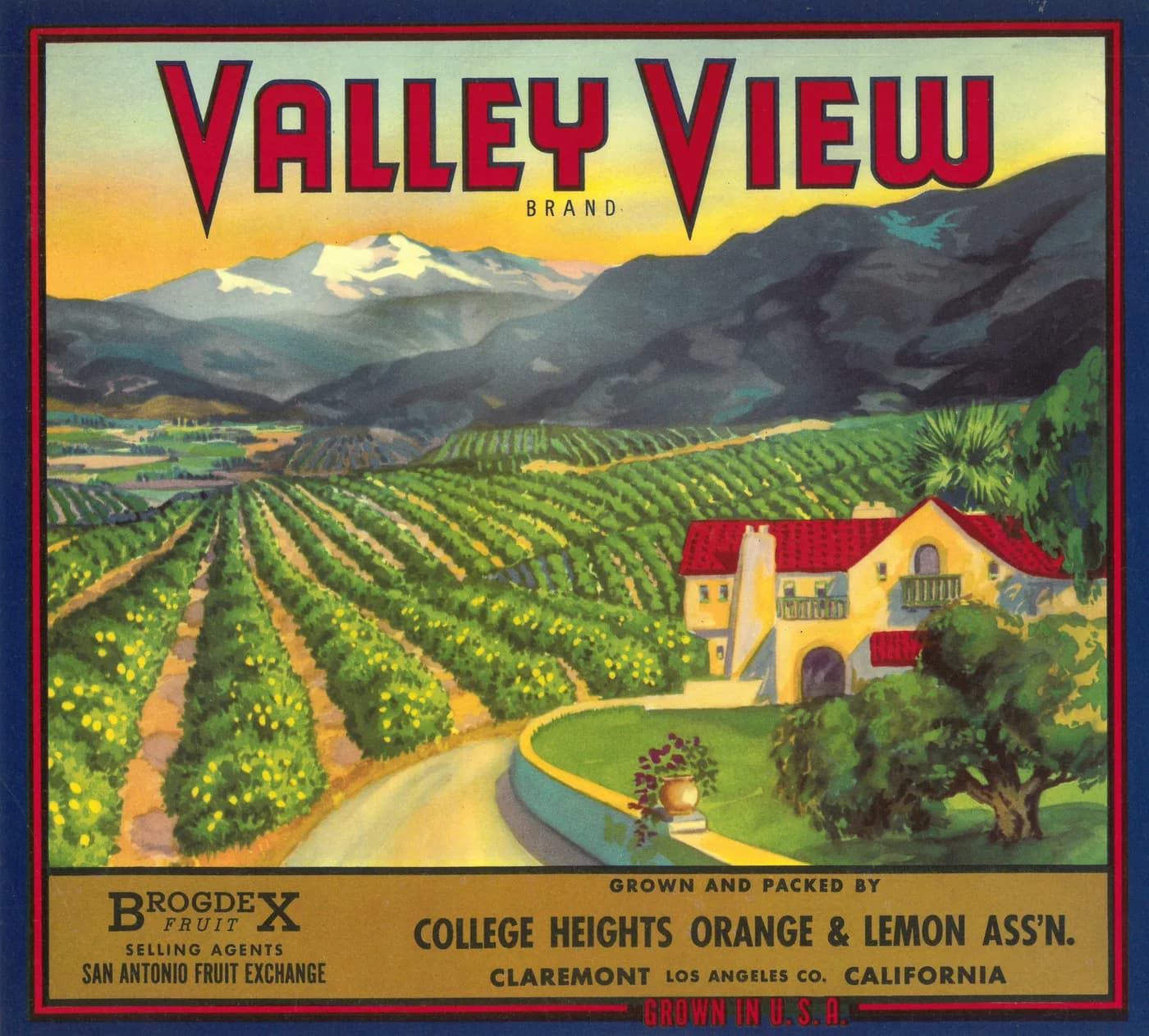 Valley View, citrus crate label, orange & lemon, Claremont, Los Angeles Co., California, ©1928