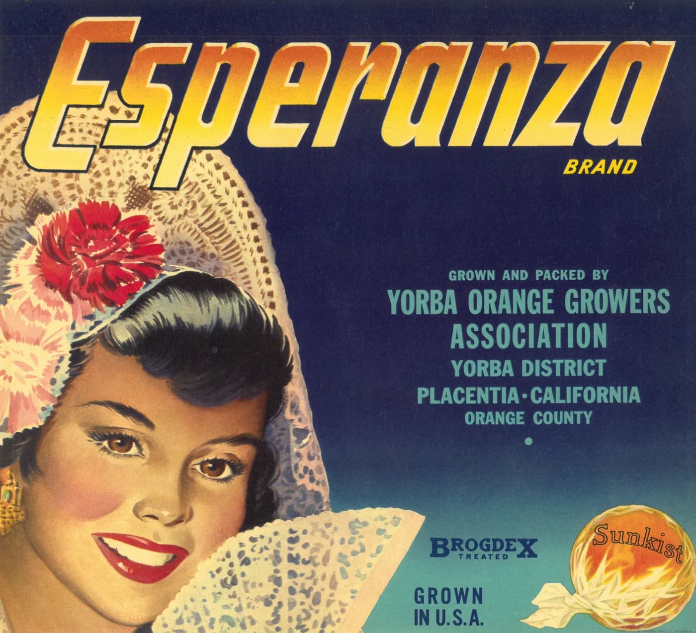 Esperanza, citrus crate label, orange, Yorba District, Placentia, California, Orange County, 1910-1920