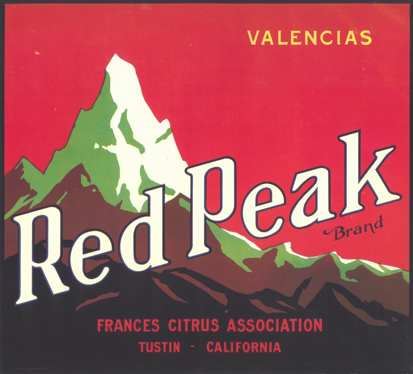 Red Peak, citrus crate label, valencias, Tustin, California, ©1915