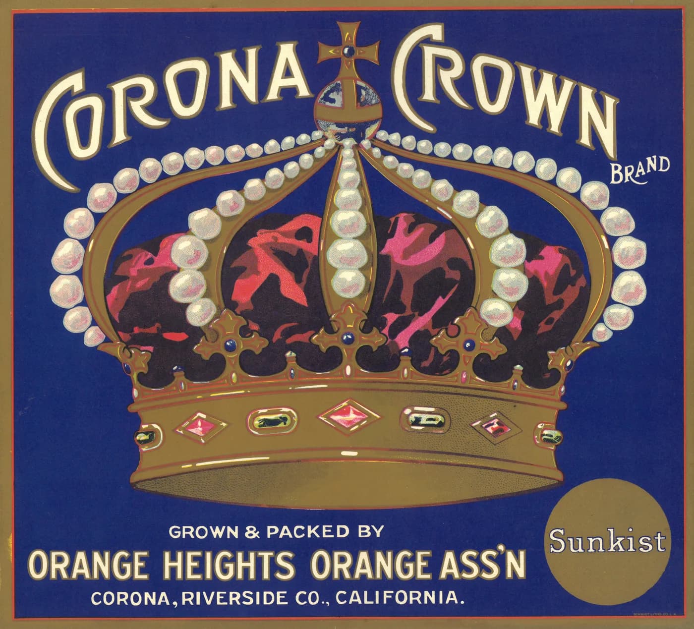 Corona Crown, citrus crate label, Corona, Riverside Co., California, 1910-1920