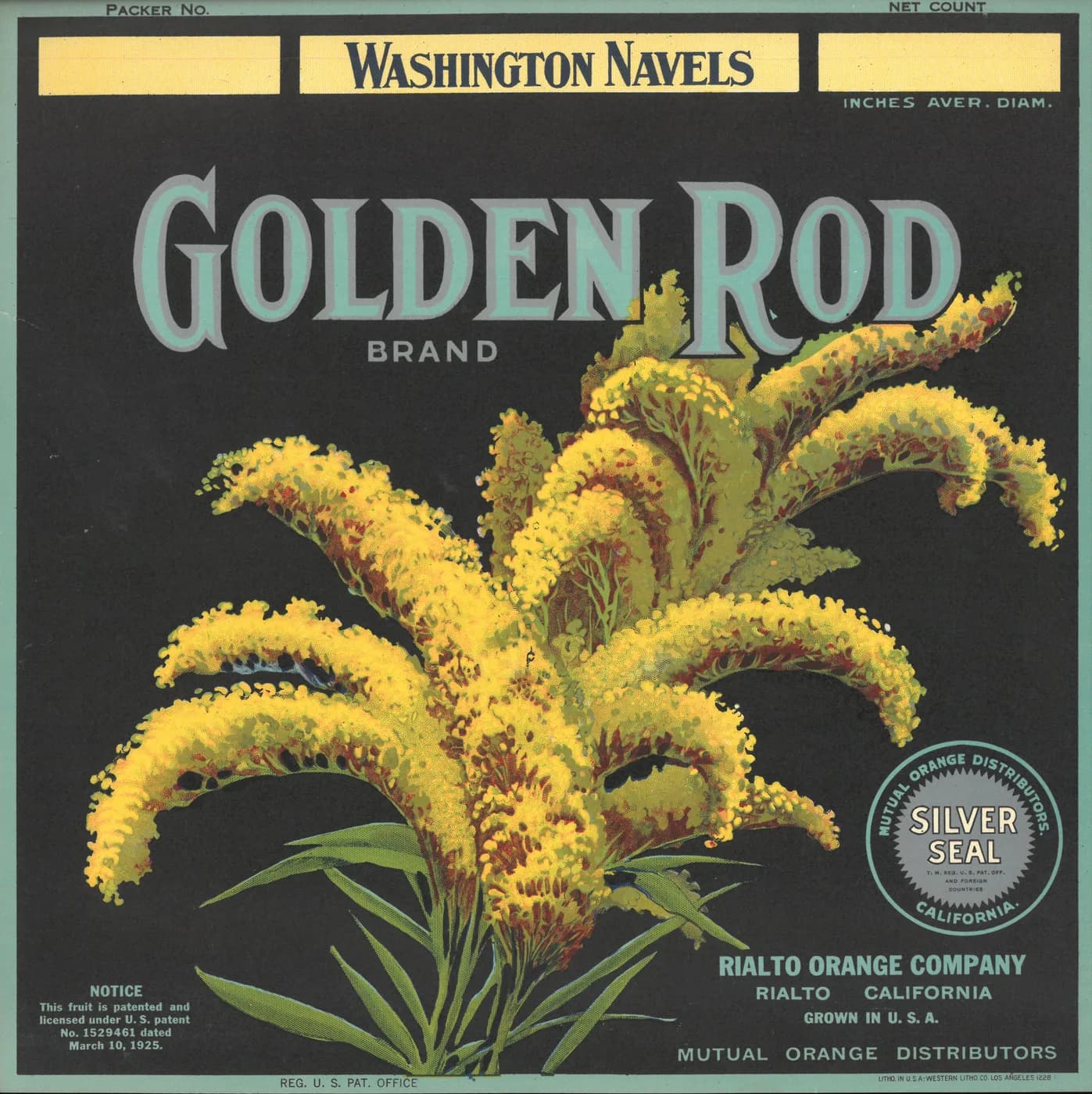 Golden Rod, citrus crate label, washington navels, Rialto, California, 1890-1900
