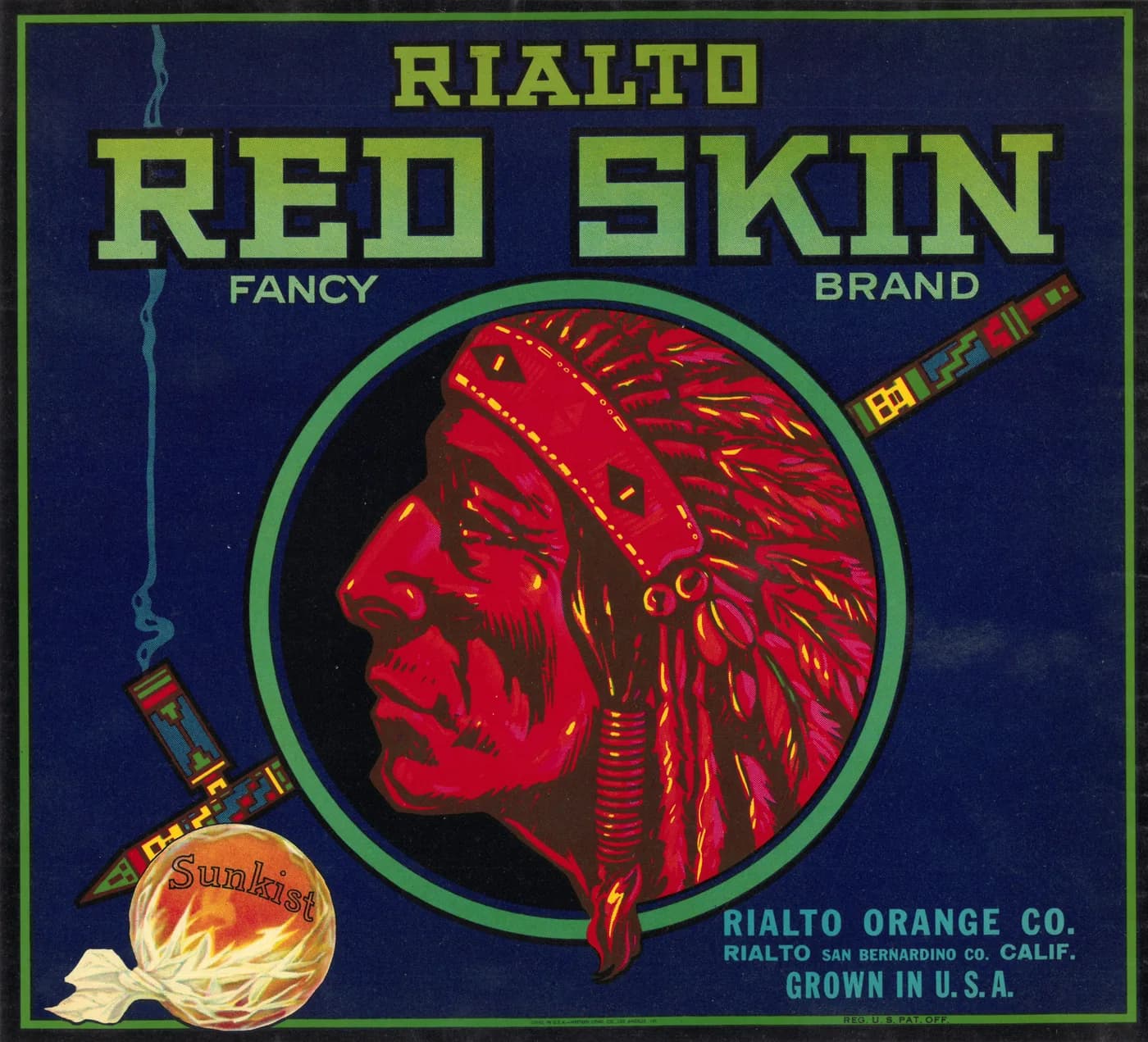 Rialto Red Skin, citrus crate label, orange, Rialto, San Bernardino Co., Calif., 1890-1900