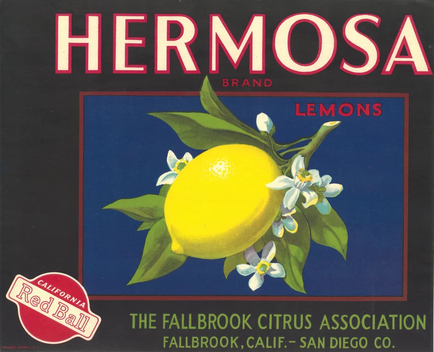Hermosa, citrus crate label, lemons, Fallbrook, Calif. - San Diego Co., 1900-1910