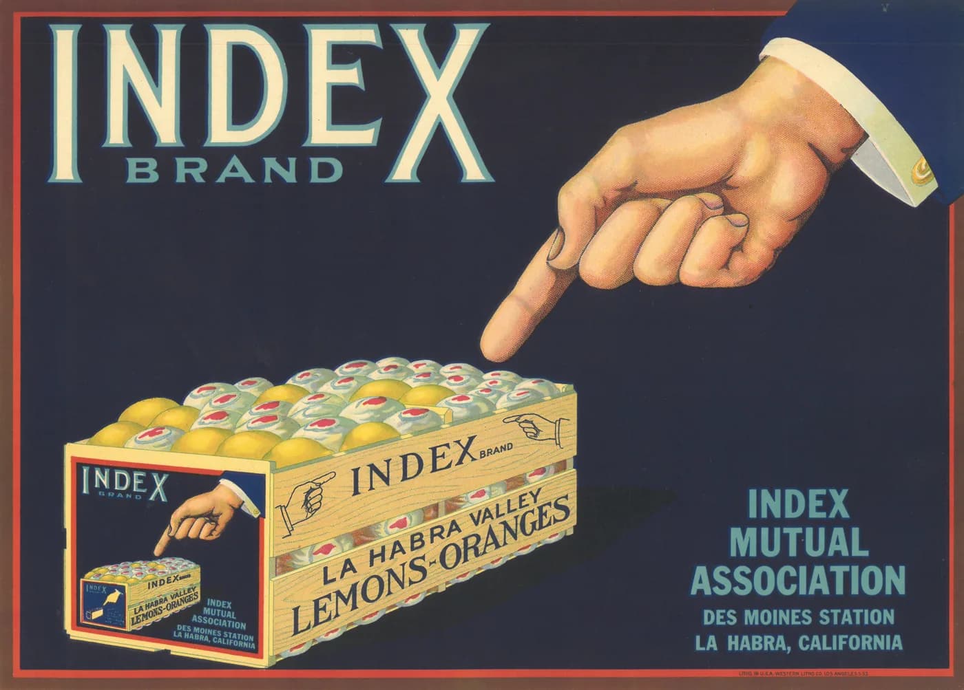 Index, citrus crate label, lemons-oranges, La Habra Valley, 1930