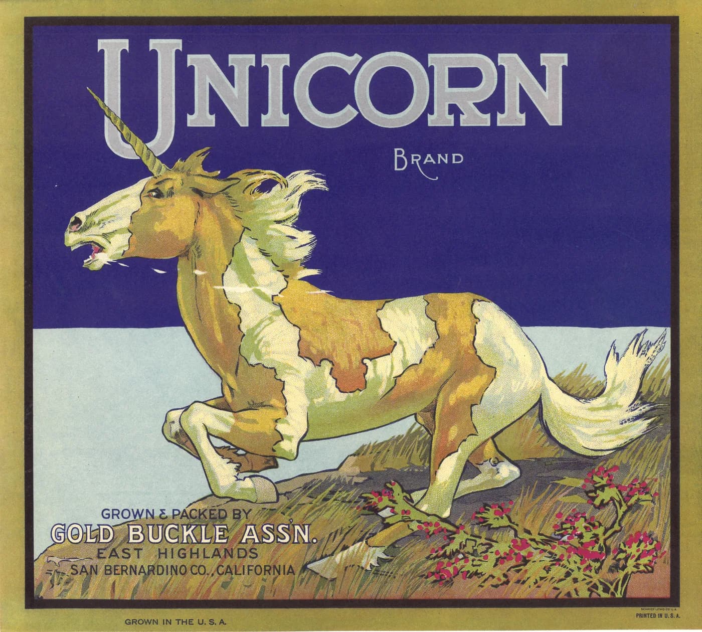 Unicorn, citrus crate label, East Highlands, San Bernardino Co., California, 1920-1930