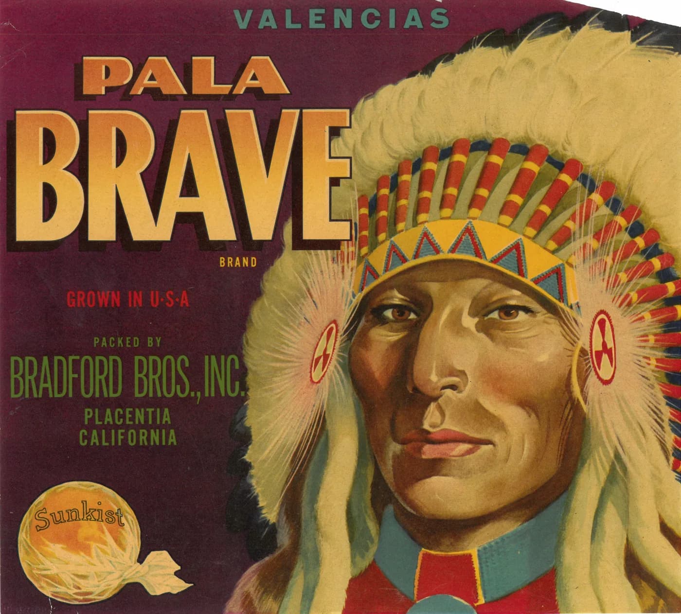 Pala Brave, citrus crate label, valencias, U.S.A, 1890-1900