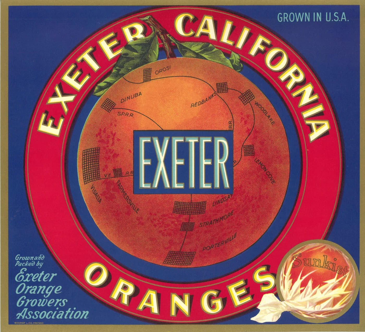 Exeter, citrus crate label, oranges, Exeter, California, 1890-1900