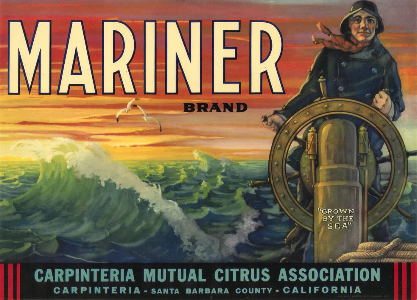Mariner, citrus crate label, Carpinteria, Santa Barbara County, California, 1934