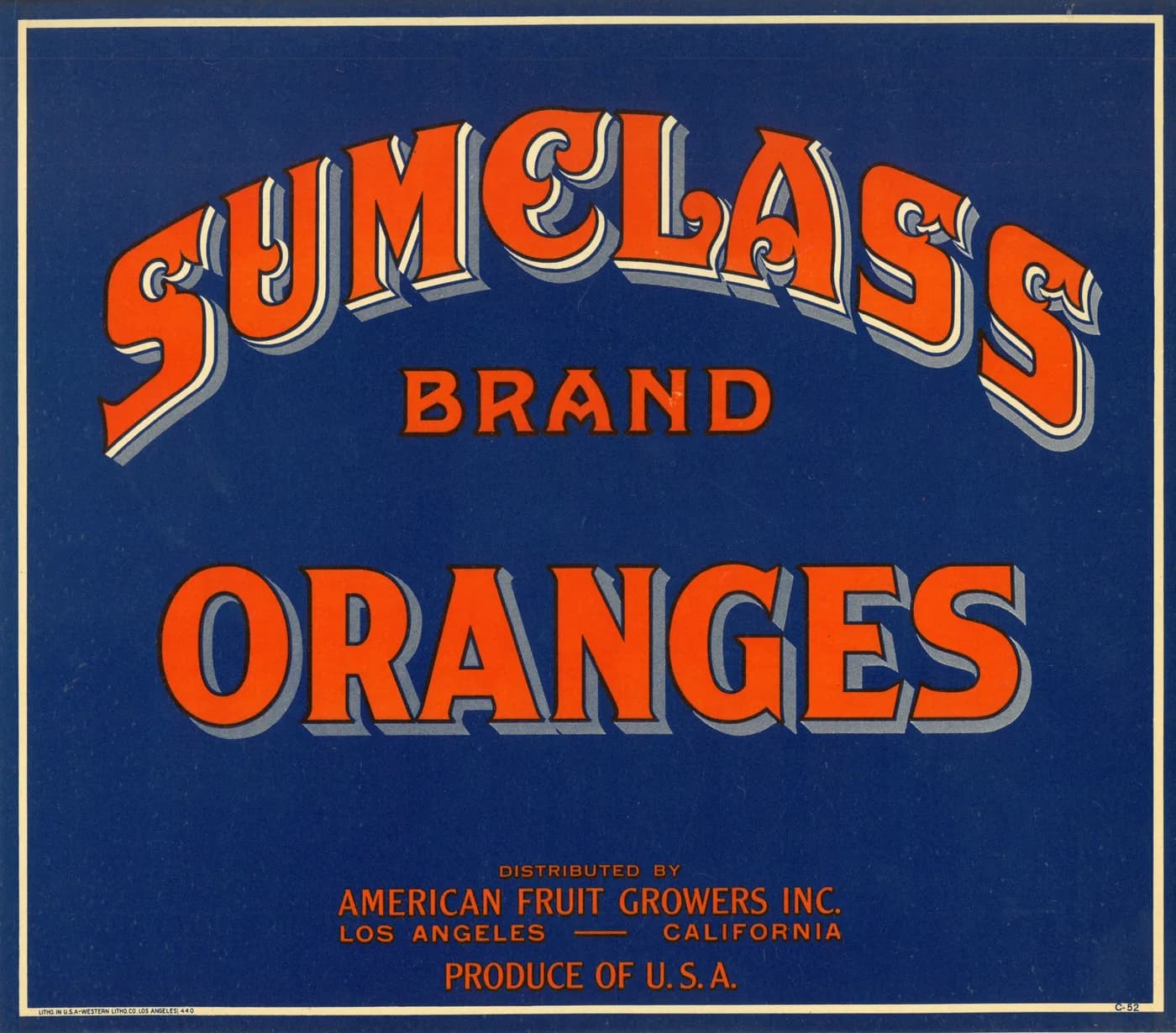 Sumelass, citrus crate label, oranges, Los Angeles, California, 1920-1930