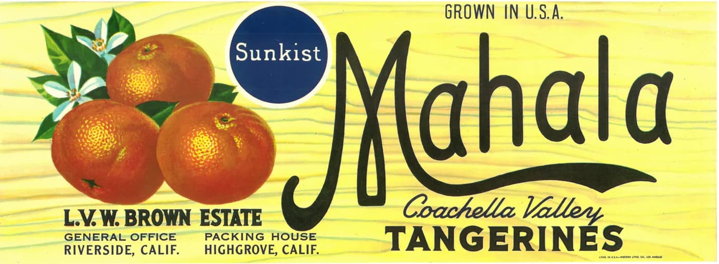 Mahala, citrus crate label, tangerines, Coachella Valley, ©1918
