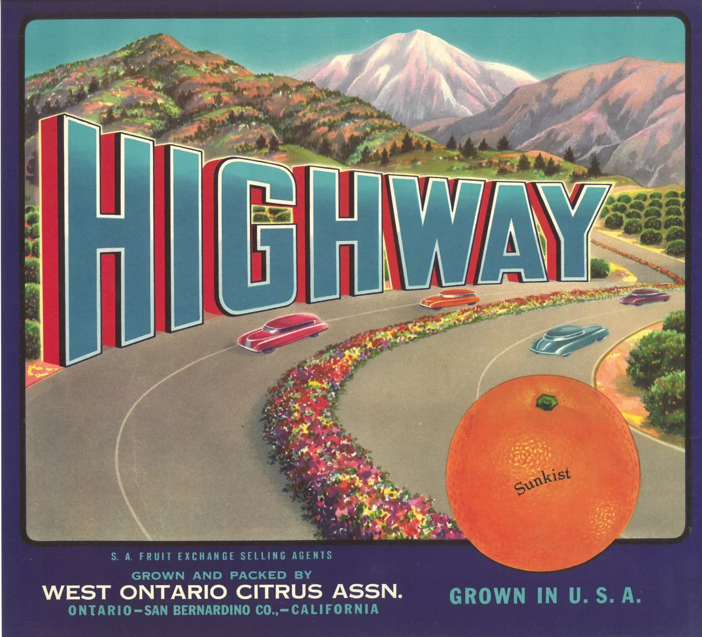 Highway, citrus crate label, orange, Ontario-San Bernardino Co., California, 1890-1900