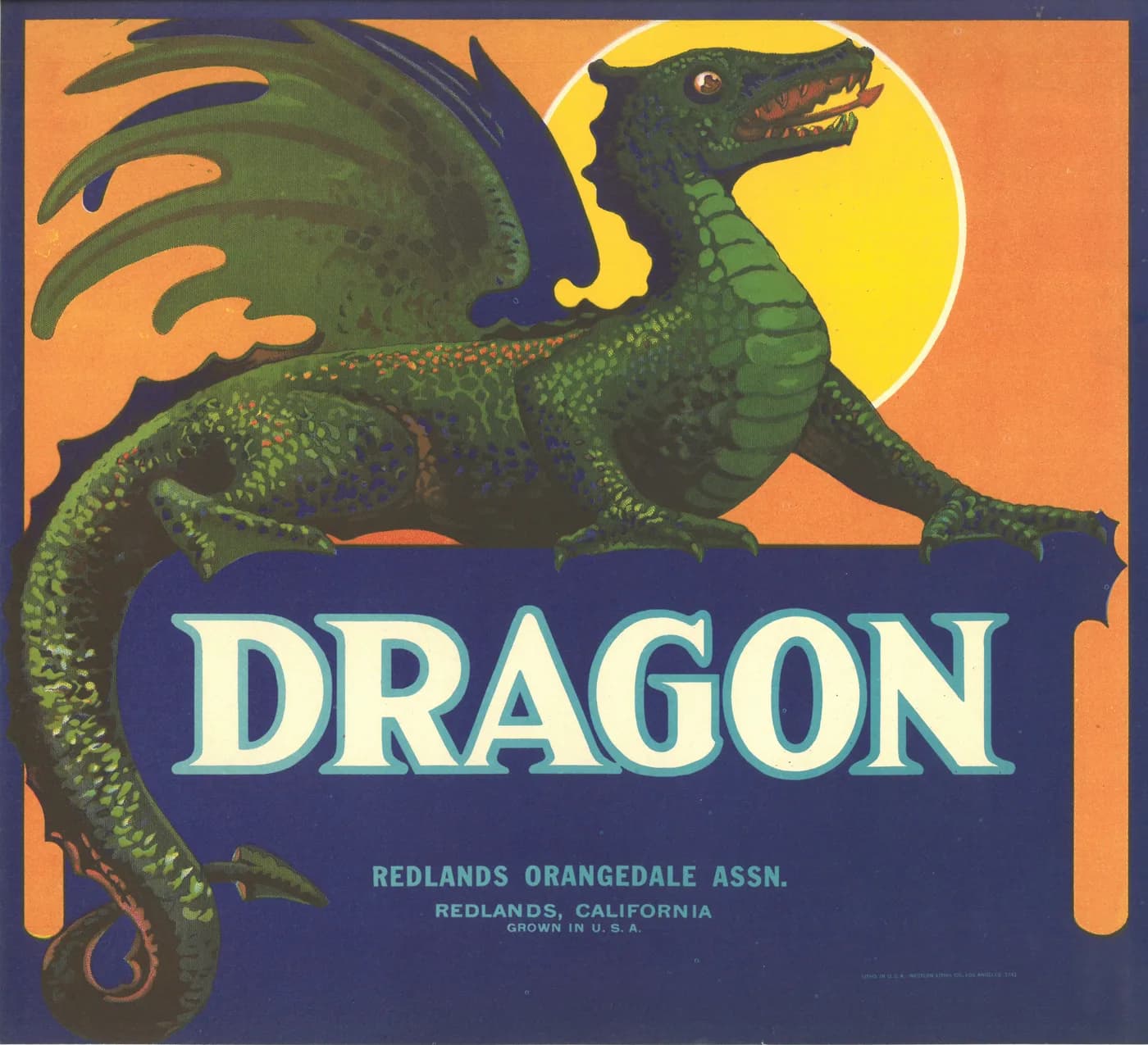 Dragon, citrus crate label, Redlands, California, 1930-1940