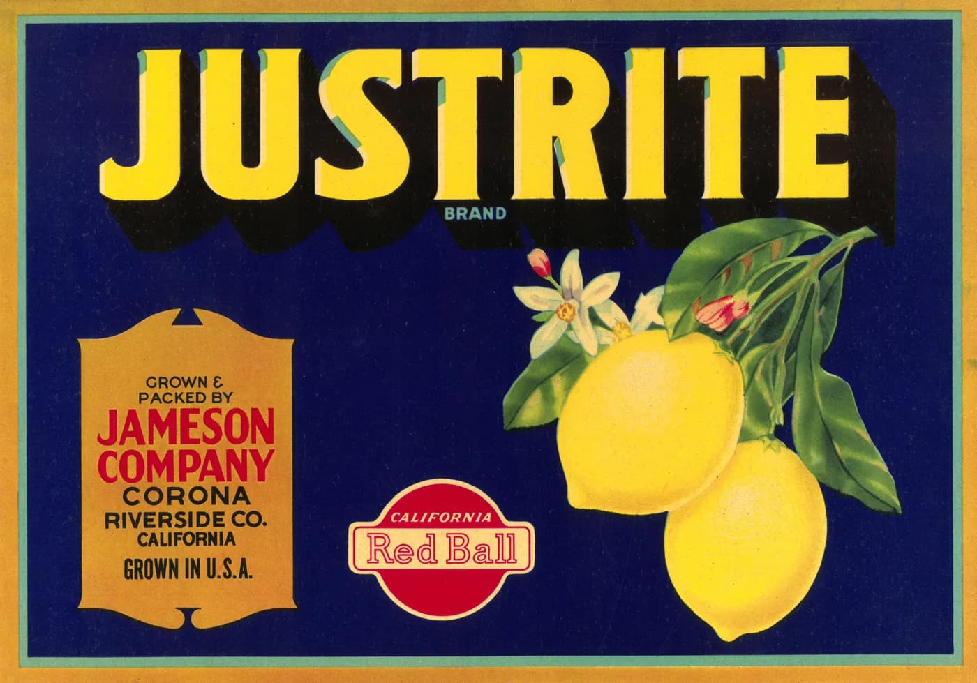 Justrite, citrus crate label, lemon, Corona, Riverside Co., California, 1890-1900
