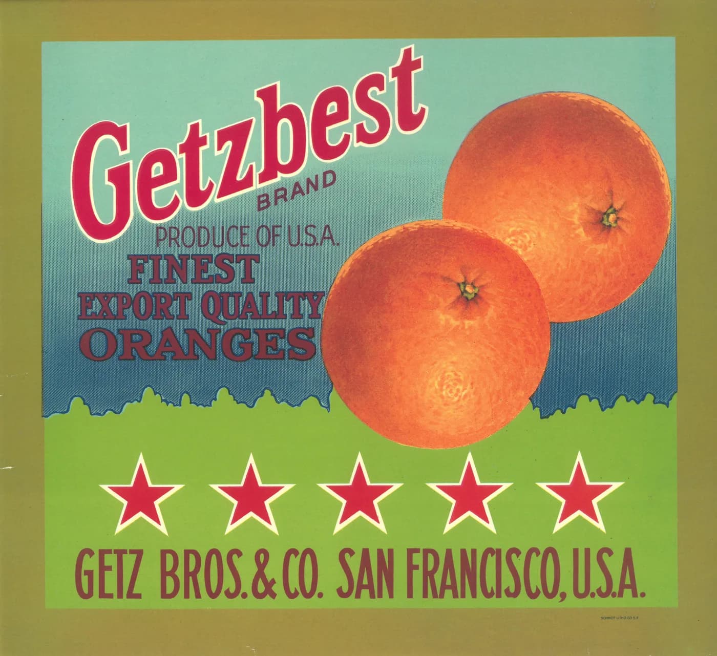 Getzbest, citrus crate label, oranges, Produce of U.S.A., 1910-1920