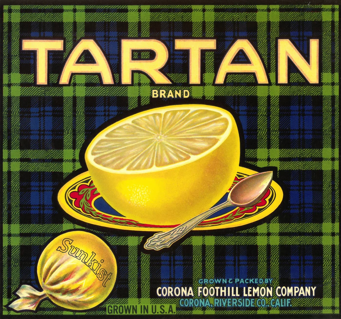 Tartan, citrus crate label, lemon, Corona, Riverside Co., Calif., 1930-1940