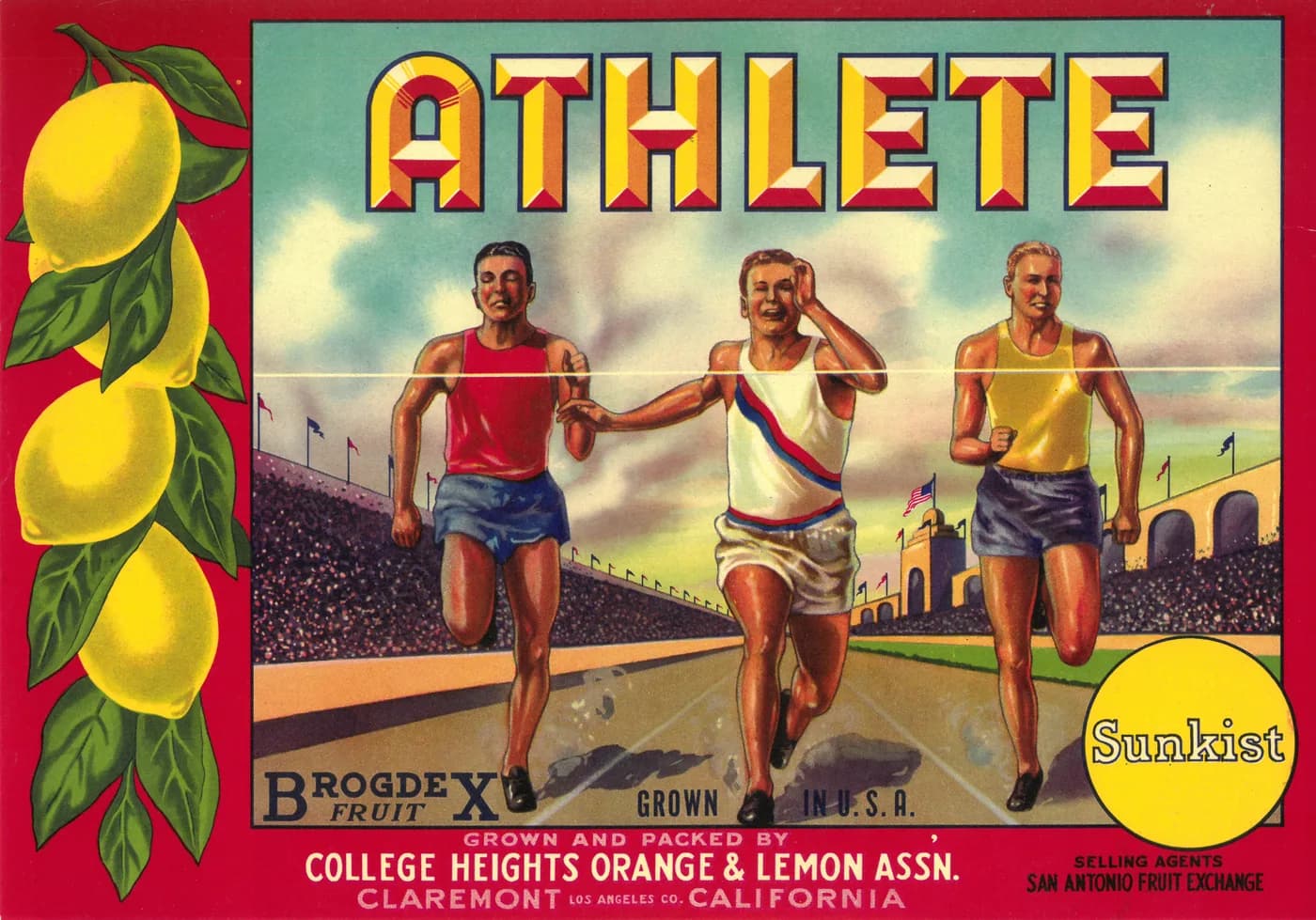 Athlete, citrus crate label, lemon, Claremont, Los Angeles Co., California, 1929