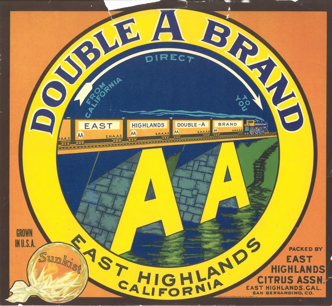 Double A Brand, citrus crate label, East Highlands, California, 1910-1920