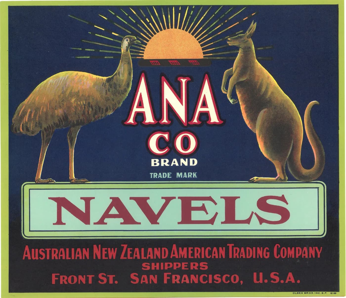 ANA CO, citrus crate label, navels, San Francisco, U.S.A., 1910-1920