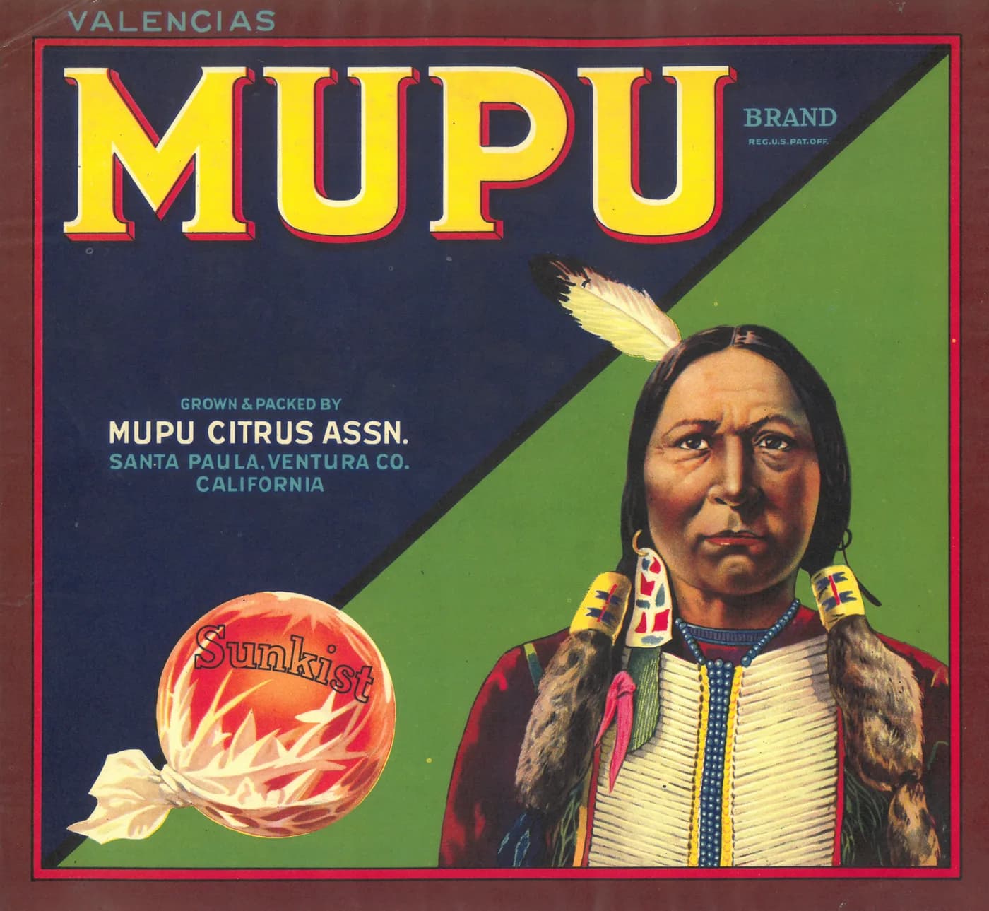 Mupu, citrus crate label, valencias, Santa Paula, Ventura Co., California, 1890-1900