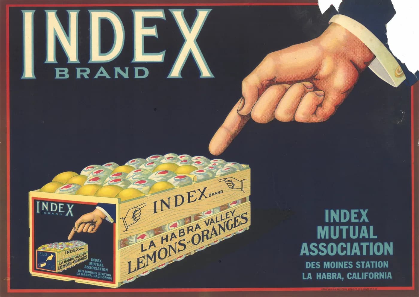 Index Brand, citrus crate label, lemons-oranges, La Habra Valley, 1920-1930
