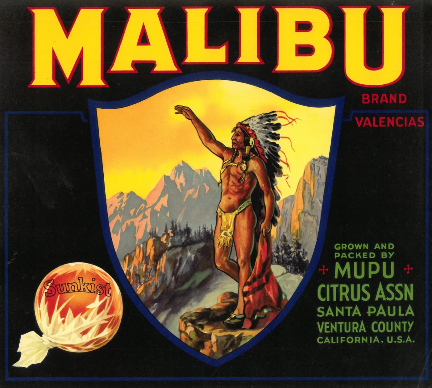 Malibu, citrus crate label, valencias, Santa Paula, Ventura County, California, U.S.A., 1890-1900