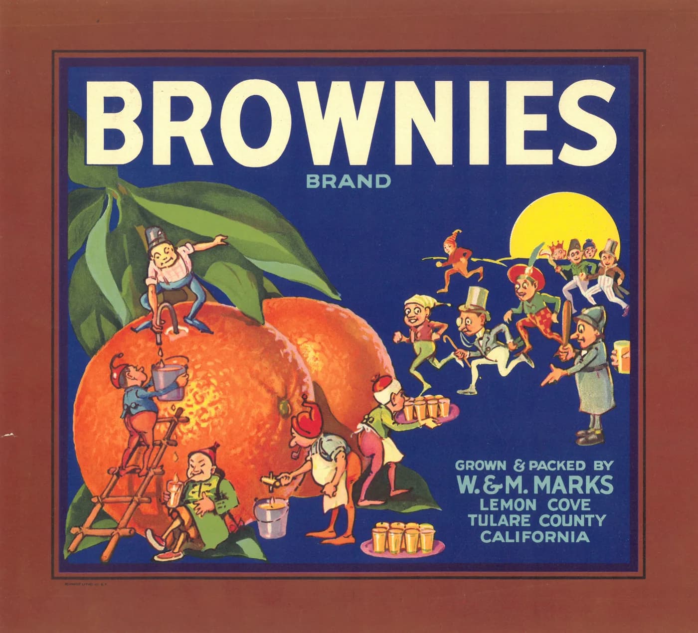 Brownies, citrus crate label, oranges, Lemon Cove, Tulare County, California, 1910-1920