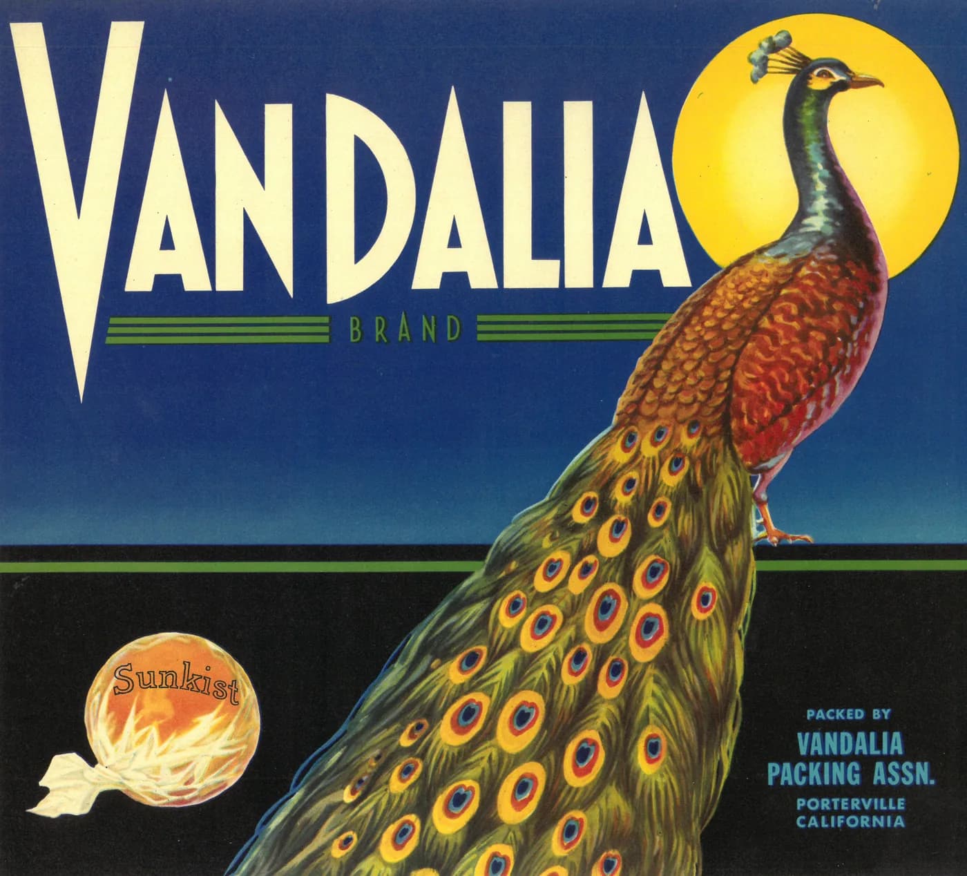 Vandalia, citrus crate label, sunkist, Porterville, California, 1928