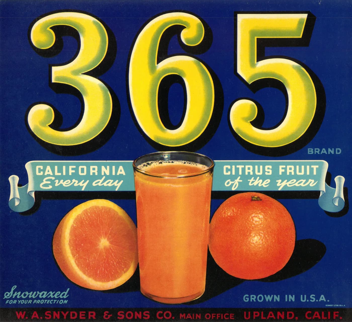 365, citrus crate label, orange, Upland, Calif., ©1927