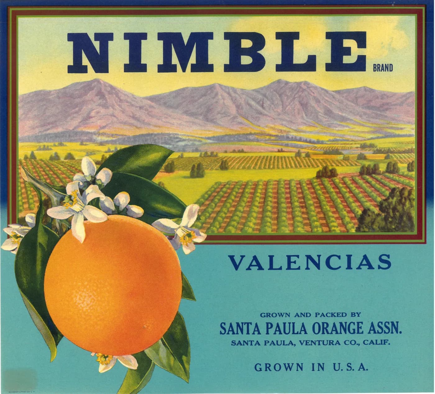 Nimble, citrus crate label, valencias, Santa Paula, Ventura Co., Calif., 1938