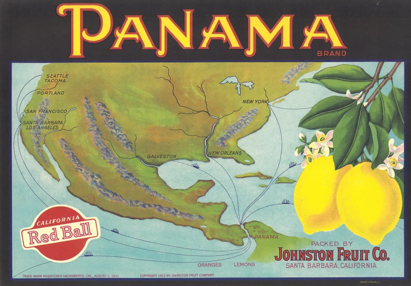 Panama, citrus crate label, lemons, Santa Barbara, California, 1931