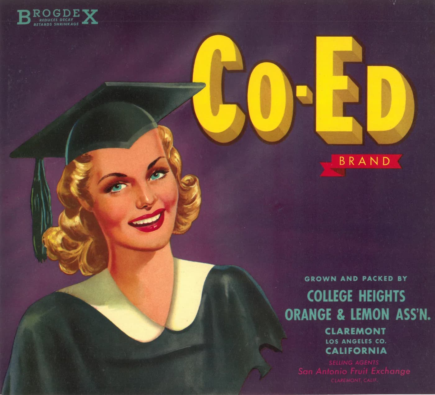 Co-Ed, citrus crate label, orange & lemon, Claremont, Los Angeles Co., California, 1910-1920