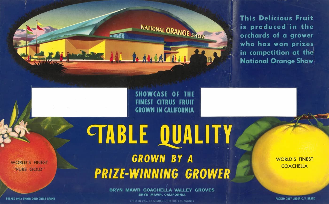 Gold Crest, citrus crate label, orange, Bryn Mawr, Coachella Valley, California, 1928