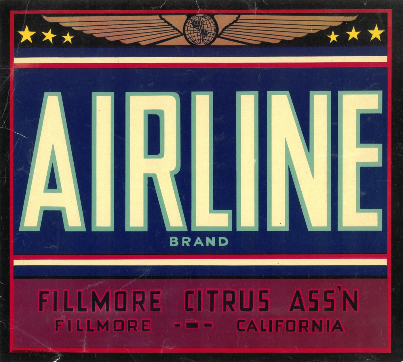 Airline, citrus crate label, Fillmore, California, 1890-1900