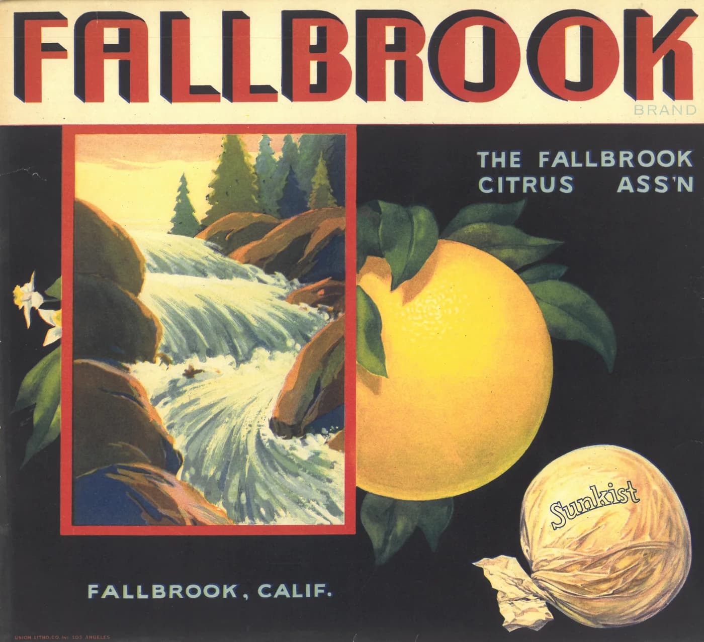 Fallbrook, citrus crate label, orange, Fallbrook, Calif., 1890-1900