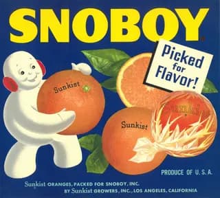 Snoboy, citrus crate label, sunkist oranges, Los Angeles, California, 1940-1950