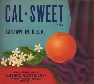 Cal-Sweet, citrus crate label, orange, Grown in U.S.A., 1930-1940