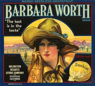 Barbara Worth, citrus crate label, marsh seedless grapefruit, Riverside, California, 1910-1920